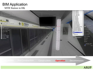 BIM Application
MTR Station in HK
Feasibility	
   Pre-­‐Construc=on	
   Construc=on	
   Opera3on	
   Decommission	
  
 