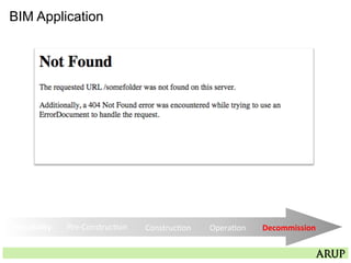 BIM Application
Feasibility	
   Pre-­‐Construc=on	
   Construc=on	
   Opera=on	
   Decommission	
  
 