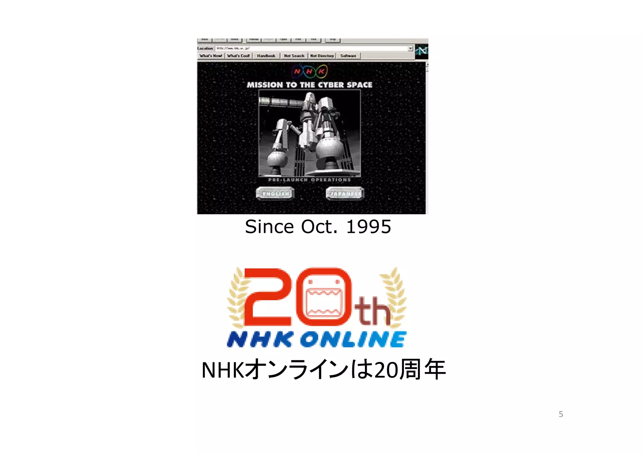 Since Oct 1995Since Oct. 1995
NHKオンラインは20周年
5
 