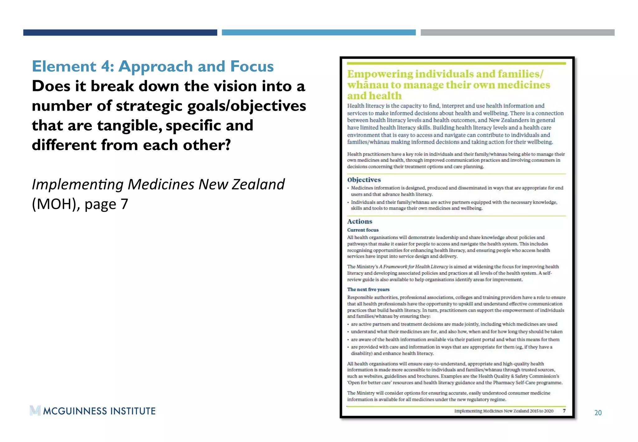 20
OUTPUT 2:WORKING PAPER 2015/01Element 4: Approach and Focus
Does it break down the vision into a
number of strategic goals/objectives
that are tangible, specific and
different from each other?
ImplemenEng	
  Medicines	
  New	
  Zealand	
  
(MOH),	
  page	
  7	
  
 