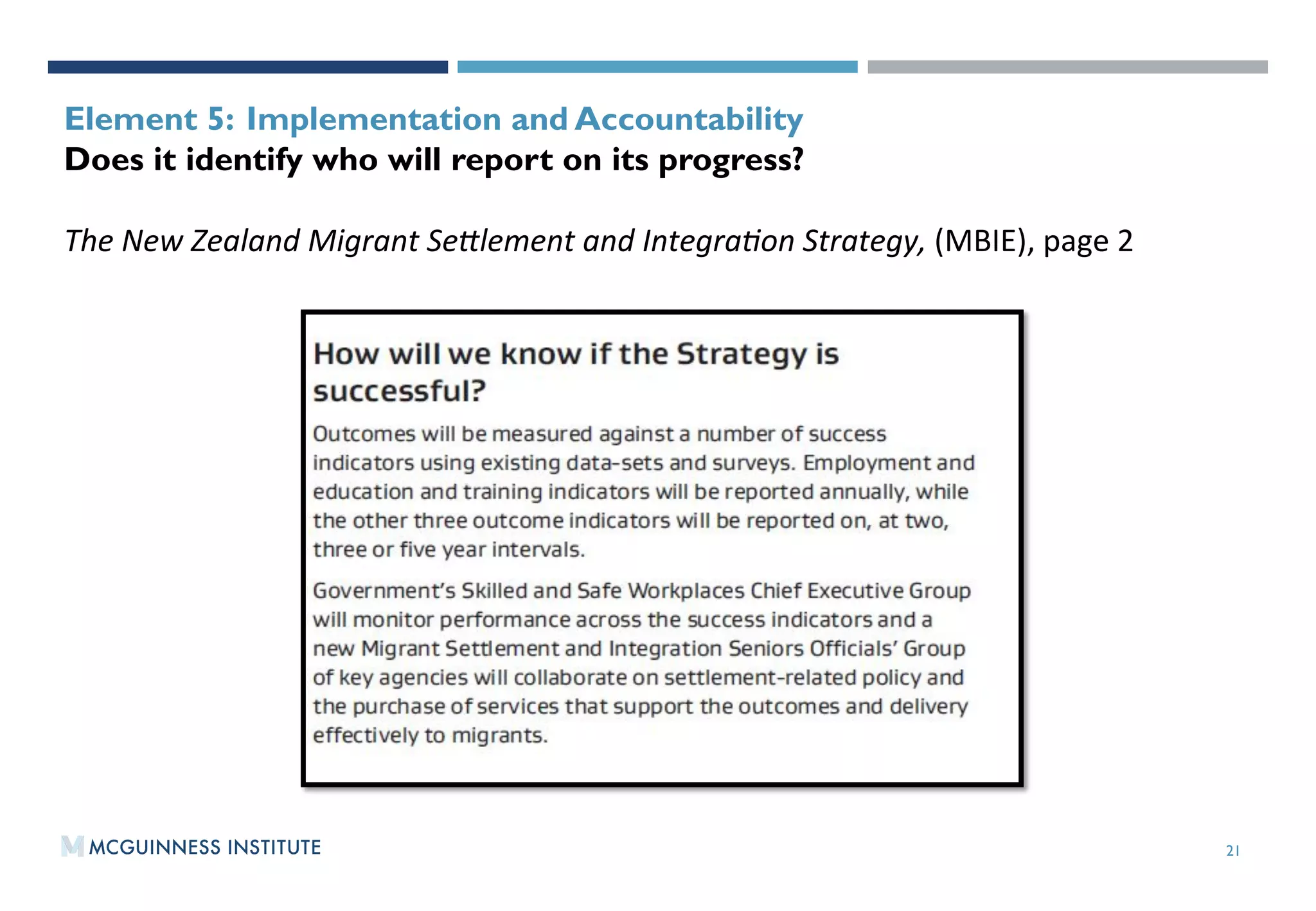 21
OUTPUT 2:WORKING PAPER 2015/01
Element 5: Implementation and Accountability
Does it identify who will report on its progress?
The	
  New	
  Zealand	
  Migrant	
  SeHlement	
  and	
  IntegraEon	
  Strategy,	
  (MBIE),	
  page	
  2	
  	
  
 