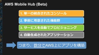 AWS Mobile Hub (Beta)
1. 単⼀一の統合されたコンソール
2. 事前に⽤用意された機能群
3. サービスを⾃自動でプロビジョニング
4. ⾃自動⽣生成されたアプリケーション
つまり、数分でAWS上にアプリを構築
 