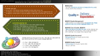 COPYLEFT all WRONGS reserved @ xelion.pe.kr ??? weirdmeetup.slack.com, 2015 EMOCON
???? ???? ?? ?, ???? ??? ??? ? ?? ???? ???
?
???? ?? ?? : NIPA SW?? ??
SW???? ???? ?? : NIPA SW?? ??
PMBOK ?? : Project Management Body of Knowledge ??
PDCA : https://commons.wikimedia.org/wiki/File:PDCA_Cycle.svg
7
??(Quality)
?? ??? ?????? ???? ????? ????? ???
???? ???? ?? (ISO8492)
???? (Quality Management)
??? ????? ????? ?????? ????, ??, ???
????? ?? ??? ????? ???? ???? ??.
???? (Cost of Quality, ????)
??? ???? ???? ??? ?? ??. ???? ????, ??
??, ???? ??, ???? ??, ??? ??? ???? ???
??? ?? ??, ??? ??? ??? ?? ?? ??.
???? (Quality Assurance)
Managerial Process for Quality (???? ??)
ISO8402, ?? ??
???? (Quality Control)
Technical aspect for Quality (???? ??)
?? ??, ?? ??
=
???? ??(Project Management)? ??, ??, ??, ??, ??, ??? ?
?? ???? ??? ?? PDCA cycle? ???? ??? ??.
? P = Plan = ??, ?? ?? ??
? D = Do = ??, ??, ?? ?? ??
? C = Check = ??, ?? ?? ??
? A = Act = ??, ?? ?? ??
???? ?? ??
? ????: ??? ??? ???? ???? ??????? ???? ??
? ????: ??? ??? ????? ?? ??? ???? ?? ??? ?? ??? ??? ??
? ????: ???? ?? ? ??? ?? ????(3??)? ??? ???? ?? ???? ??
SW???? ???? ??
 ???? : ????? ???? ?? ???? ??? ?? ??
 ???? : ??? ??? ?? ? ???? ??
 ?? ???? : ????? ??? ???? ?? ??? ??
 ?? ???? : ???? ??? ??? ???? ?? ????
?? ?? ?? ??? ?????? ?? ???? ??
 