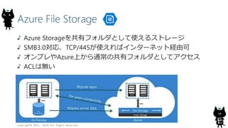 Azure File Storage
Copyright? 2015, JAZUG All Rights Reserved.
10
Azure StorageХեȤʹ륹ȥ`
SMB3.0ꡢTCP/445ʹХ󥿩`ͥåȽUɿ
ץAzureϤͨιХեȤƥ
ACLϟo
 