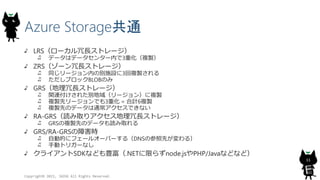 Azure Storageͨ
LRS`Lȥ`
ǩ`ϥǩ`󥿩`ڤ3ػ}u
ZRS`Lȥ`
ͬ`ڤ΄eʩO3}u
֥åBLOBΤ
GRSLȥ`
vB줿e򣨥`󣩤}u
}uȥ`Ǥ3ػ = Ӌ6}u
}uȤΥǩ`ͨǤʤ
RA-GRSiȡꥢLȥ`
GRS}uȤΥǩ`iȡ
GRS/RA-GRSϺr
ԄӵĤ˥ե`륪`Щ`루DNSβȤ룩
քӥȥꥬ`ʤ
饤SDKʤɤN.NETޤ餺node.jsPHP/Javaʤɤʤɣ
Copyright? 2015, JAZUG All Rights Reserved.
11
 