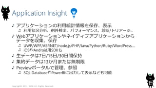 Application Insight
Copyright? 2015, JAZUG All Rights Reserved.
34
ץꥱ`ýyӋ򱣴桢ʾ
״rʳѥե`ޥ󥹡\/ȥꥢ`...
Webץꥱ`ͥƥ֥ץꥱ`󤫤
ǩ`򅧼
UWP/WPF/ASP.NET/node.js/PHP/Java/Python/Ruby/WordPress,...
iOSAndroidSDK
ǩ`7/15/30g
sǩ`13¤ޤϟo
Previewݩ`ǹ
SQL DatabasePowerBI˳Ʊʾʤɤ
 