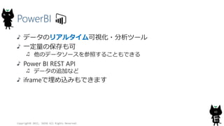 PowerBI
ǩ`Υꥢ륿ҕ?ĩ`
һα
Υǩ``դ뤳ȤǤ
Power BI REST API
ǩ`׷Ӥʤ
iframezߤǤޤ
Copyright? 2015, JAZUG All Rights Reserved.
43
 