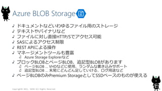 Azure BLOB Storage
Copyright? 2015, JAZUG All Rights Reserved.
8
ɥȤʤɤեäΥȥ`
ƥȤХʥʤ
եˌֱHTTP/Sǥ
SASˤ륢
REST APIˤ
ޥͩ`ȥĩ`N
Azure Storage Explorerʤ
֥åBLOBȥک`BLOB׷ӛBLOBޤ
ک`BLOB  VHDʤɤʹáʕzߥݩ`
׷ӛBLOB  ĩβˤɤɤ㤷Ƥ롢;ʤ
ک`BLOBΤPremium StorageȤSSD٩`ΤΤʹ
 