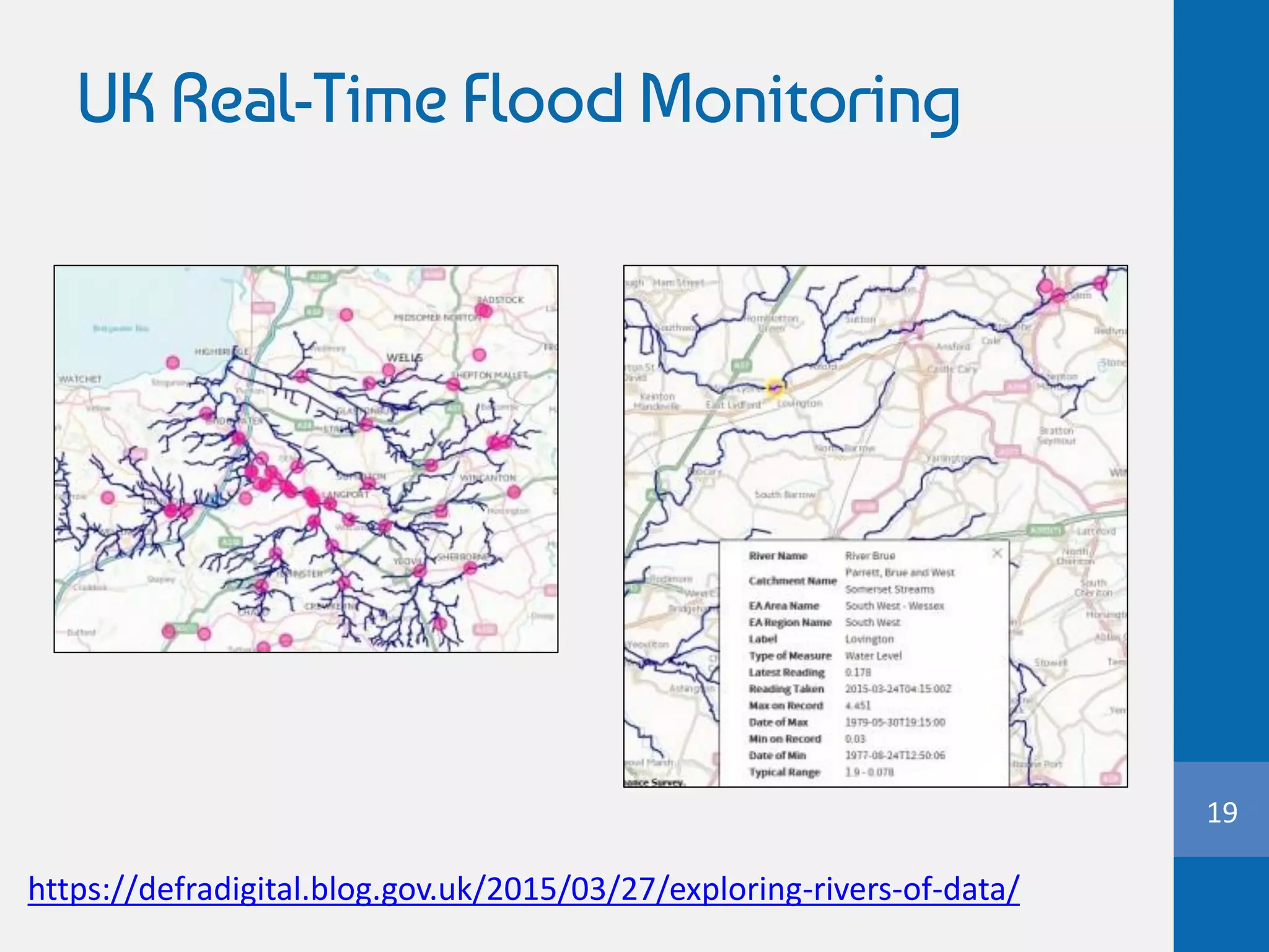 UK Real-Time Flood Monitoring
19
https://defradigital.blog.gov.uk/2015/03/27/exploring-rivers-of-data/
 