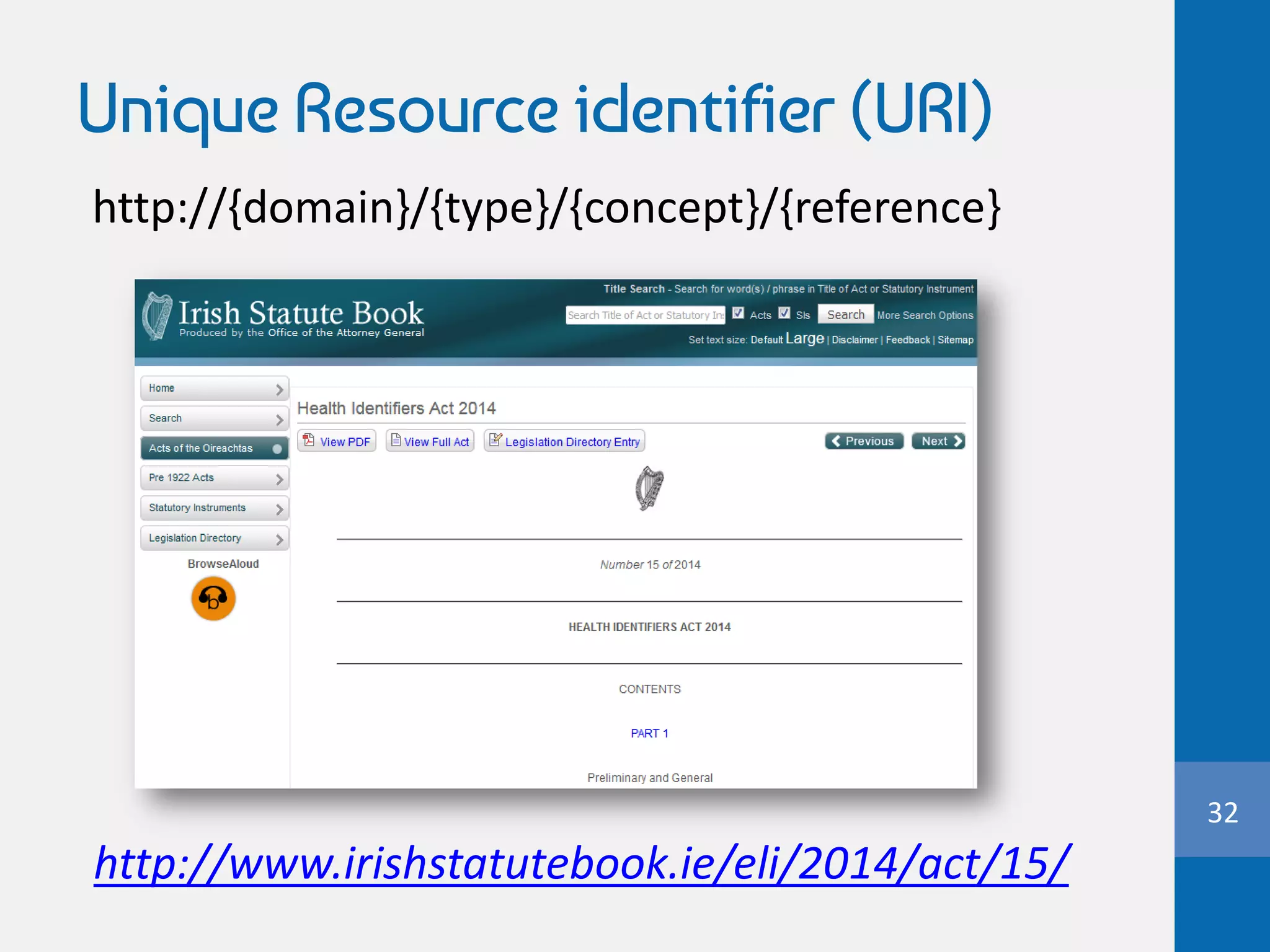 Unique Resource identifier (URI)
http://{domain}/{type}/{concept}/{reference}
32
http://www.irishstatutebook.ie/eli/2014/act/15/
 