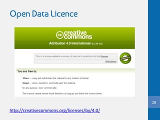 Open Data Licence
28
http://creativecommons.org/licenses/by/4.0/
 