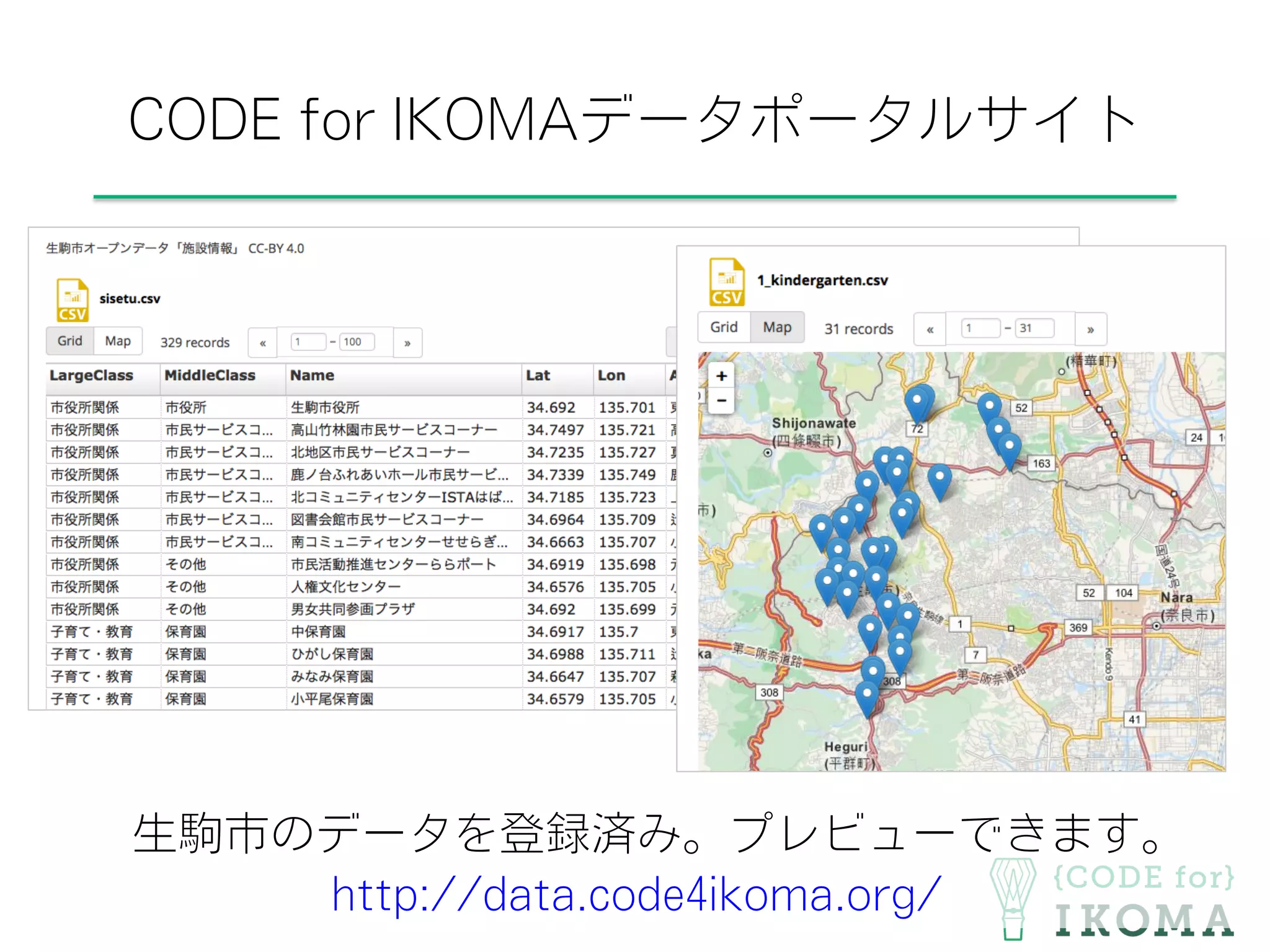 CODE for IKOMAデータポータルサイト
生駒市のデータを登録済み。プレビューできます。
http://data.code4ikoma.org/
 