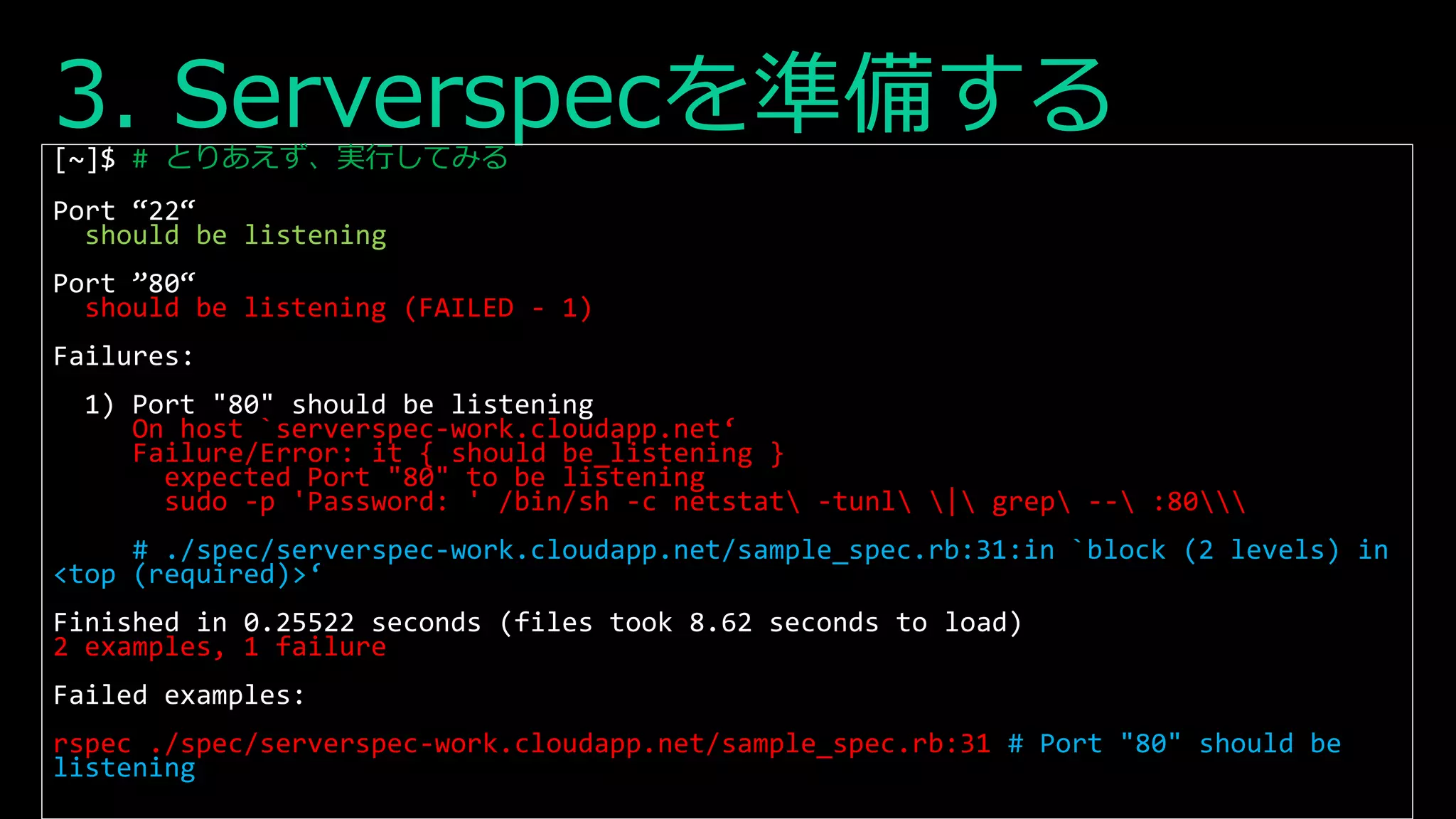 3. Serverspecを準備する[~]$ # とりあえず、実行してみる
Port “22“
should be listening
Port ”80“
should be listening (FAILED - 1)
Failures:
1) Port "80" should be listening
On host `serverspec-work.cloudapp.net‘
Failure/Error: it { should be_listening }
expected Port "80" to be listening
sudo -p 'Password: ' /bin/sh -c netstat -tunl | grep -- :80
# ./spec/serverspec-work.cloudapp.net/sample_spec.rb:31:in `block (2 levels) in
<top (required)>‘
Finished in 0.25522 seconds (files took 8.62 seconds to load)
2 examples, 1 failure
Failed examples:
rspec ./spec/serverspec-work.cloudapp.net/sample_spec.rb:31 # Port "80" should be
listening
 