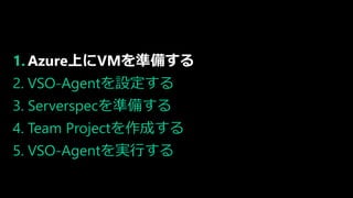 1. Azure上にVMを準備する
2. VSO-Agentを設定する
3. Serverspecを準備する
4. Team Projectを作成する
5. VSO-Agentを実行する
 