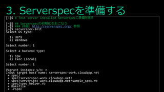 3. Serverspecを準備する[~]$ # Test server installed Serverspecに準備を施す
[~]$ ## Serverspecの初期化をおこなう
[~]$ ### 詳細: http://serverspec.org/ 参照
[~]$ serverspec-init
Select OS type:
1) UN*X
2) Windows
Select number: 1
Select a backend type:
1) SSH
2) Exec (local)
Select number: 1
Vagrant instance y/n: n
Input target host name: serverspec-work.cloudapp.net
+ spec/
+ spec/serverspec-work.cloudapp.net/
+ spec/serverspec-work.cloudapp.net/sample_spec.rb
+ spec/spec_helper.rb
+ Rakefile
+ .rspec
 