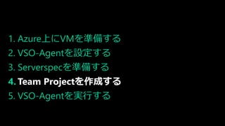 1. Azure上にVMを準備する
2. VSO-Agentを設定する
3. Serverspecを準備する
4. Team Projectを作成する
5. VSO-Agentを実行する
 