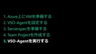1. Azure上にVMを準備する
2. VSO-Agentを設定する
3. Serverspecを準備する
4. Team Projectを作成する
5. VSO-Agentを実行する
 