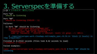 3. Serverspecを準備する[~]$ # とりあえず、実行してみる
[~]$ rake spec /usr/bin/ruby rspec spec/serverspec-work.cloudapp.net/sample_spec.rb
...