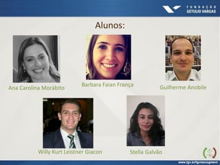 Ana Carolina Morábito
Alunos:
Guilherme AnobileBarbara Faian França
Willy Kurt Leistner Giacon Stella Galvão
 