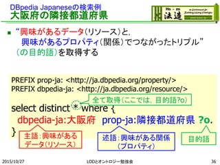 DBpedia Japaneseの検索例
大阪府の隣接都道府県
 “興味があるデータ（リソース）と，
興味があるプロパティ（関係）でつながったトリプル”
（の目的語）を取得する
2015/10/27 36
PREFIX prop-ja: <http://ja.dbpedia.org/property/>
PREFIX dbpedia-ja: <http://ja.dbpedia.org/resource/>
select distinct * where {
dbpedia-ja:大阪府 prop-ja:隣接都道府県 ?o.
}
目的語
全て取得（ここでは，目的語?o）
主語：興味がある
データ（リソース）
述語：興味がある関係
（プロパティ）
LODとオントロジー勉強会
 
