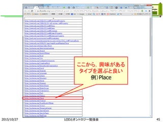 2015/10/27 45
ここから，興味がある
タイプを選ぶと良い
例）Place
LODとオントロジー勉強会
 