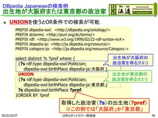 DBpedia Japaneseの検索例
出生地が大阪府または東京都の政治家
 UNIONを使うとOR条件での検索が可能．
2015/10/27 56
PREFIX dbpedia-owl: <http://dbpedia.org/ontology/>
PREFIX dcterms: <http://purl.org/dc/terms/>
PREFIX rdf: <http://www.w3.org/1999/02/22-rdf-syntax-ns#>
PREFIX dbpedia-ja: <http://ja.dbpedia.org/resource/>
PREFIX category-ja: <http://ja.dbpedia.org/resource/Category:>
select distinct ?s ?pref where {
{?s rdf:type dbpedia-owl:Politician;
dbpedia-owl:birthPlace dbpedia-ja:大阪府.}
UNION
{?s rdf:type dbpedia-owl:Politician;
dbpedia-owl:birthPlace dbpedia-ja:東京都.}
?s dbpedia-owl:birthPlace ?pref.
}ORDER BY ?pref
取得した政治家（?s）の出生地（?pref）
※この例では「大阪府」か「東京都」
出生地が大阪府の
政治家を得るクエリ
出生地が東京都の
政治家を得るクエリ
LODとオントロジー勉強会
 