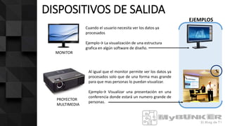 DISPOSITIVOS DE SALIDA
MONITOR
PROYECTOR
MULTIMEDIA
EJEMPLOS
Cuando el usuario necesita ver los datos ya
procesados
Ejemplo→ La visualización de una estructura
grafica en algún software de diseño.
Al igual que el monitor permite ver los datos ya
procesados solo que de una forma mas grande
para que mas personas lo puedan visualizar.
Ejemplo→ Visualizar una presentación en una
conferencia donde estará un numero grande de
personas.
 