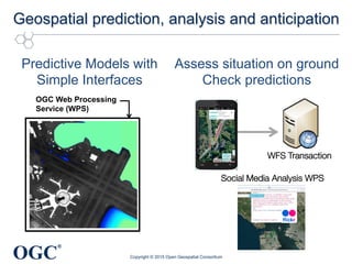 OGC
®
Geospatial prediction, analysis and anticipation
Copyright © 2015 Open Geospatial Consortium
Predictive Models with
Simple Interfaces
Assess situation on ground
Check predictions
!
OGC Web Processing
Service (WPS)
WFS Transaction
Social Media Analysis WPS
 