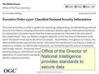 OGC
®
Copyright © 2015 Open Geospatial Consortium
Office of the Director of
National Intelligence
provides standards to
secure data
 