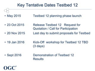 OGC
®
Key Tentative Dates Testbed 12
•  May 2015 Testbed 12 planning phase launch
•  23 Oct 2015 Release Testbed 12 Request for
Quotation / Call for Participation
•  20 Nov 2015 Last day to submit proposals for Testbed
•  19 Jan 2016 Kick-Off workshop for Testbed 12 TBD
(3 days)
•  Sept 2016 Demonstration of Testbed 12
Results
 