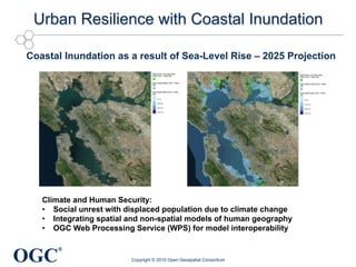 OGC
®
Urban Resilience with Coastal Inundation
Copyright © 2015 Open Geospatial Consortium
Coastal Inundation as a result of Sea-Level Rise – 2025 Projection
Climate and Human Security:
•  Social unrest with displaced population due to climate change
•  Integrating spatial and non-spatial models of human geography
•  OGC Web Processing Service (WPS) for model interoperability
 