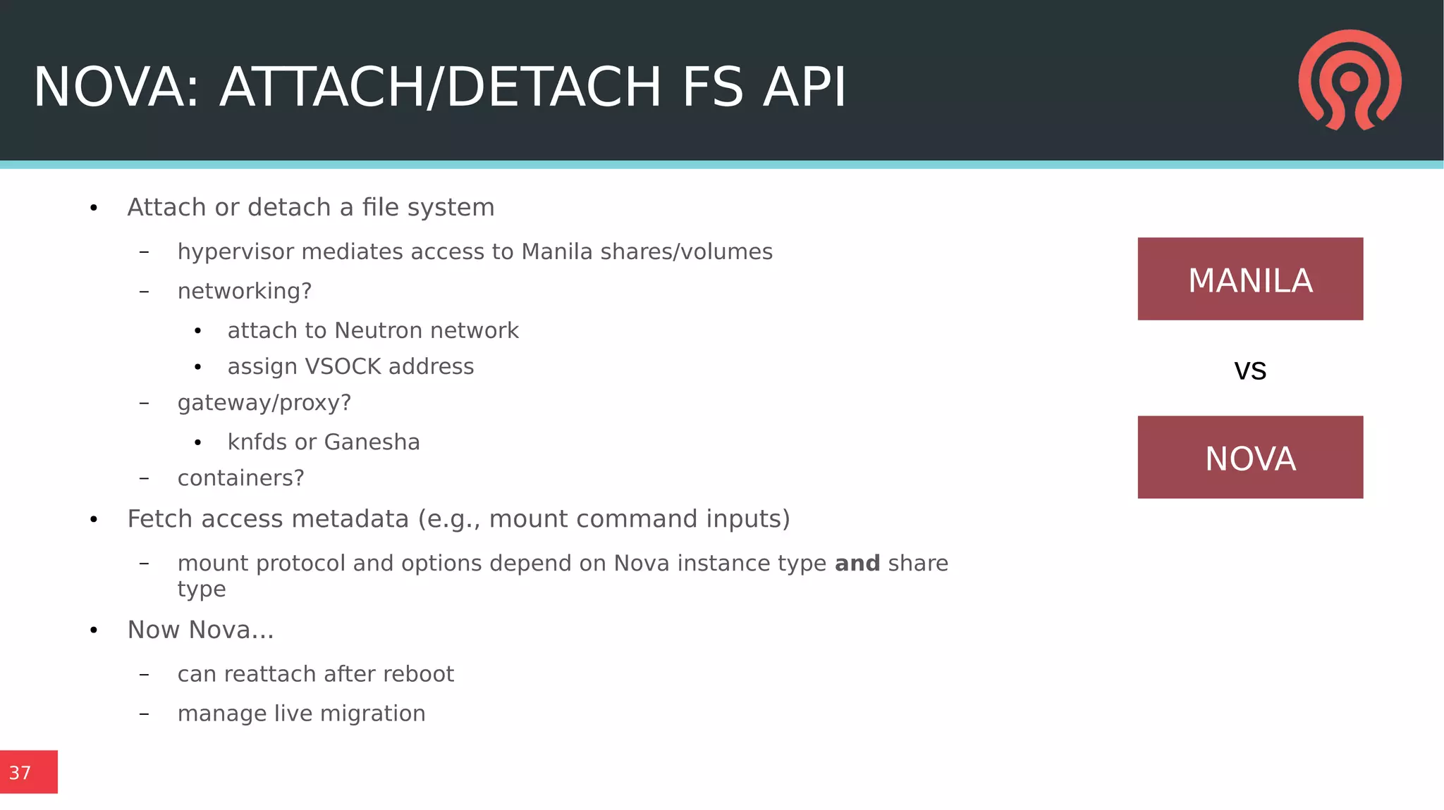 37
NOVA: ATTACH/DETACH FS API
● Attach or detach a file system
– hypervisor mediates access to Manila shares/volumes
– networking?
● attach to Neutron network
● assign VSOCK address
– gateway/proxy?
● knfds or Ganesha
– containers?
● Fetch access metadata (e.g., mount command inputs)
– mount protocol and options depend on Nova instance type and share
type
● Now Nova...
– can reattach after reboot
– manage live migration
MANILA
NOVA
vs
 