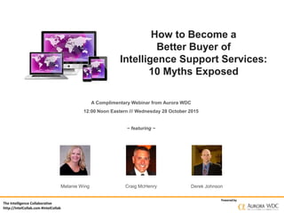 The Intelligence Collaborative
http://IntelCollab.com #IntelCollab
Powered by
How to Become a
Better Buyer of
Intelligence Support Services:
10 Myths Exposed
A Complimentary Webinar from Aurora WDC
12:00 Noon Eastern /// Wednesday 28 October 2015
~ featuring ~
Melanie Wing Derek JohnsonCraig McHenry
 