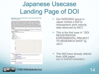 Japanese Usecase
Landing Page of DOI
 Our WDS/WDC group in
Japan minted a DOI to
mesospheric wind velocity
data observed by NICT.
 This is the first case in “ DOI
REGISTRATION
EXPERIMENTAL PROJECT
TO RESEARCH DATA” by
JaLC.
 This DOI have already refered
from JGR paper.
(doi:10.1002/2014JD022647)
doi:10.17591/55838dbd6c0ad 14
 