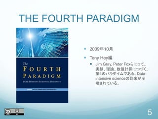 THE FOURTH PARADIGM
 2009年10月
 Tony Hey編
 Jim Gray, Peter Foxらにって、
実験、理論、数値計算につづく、
第4のパラダイムである、Data-
intensive scienceの到来が示
唆されている。
5
 