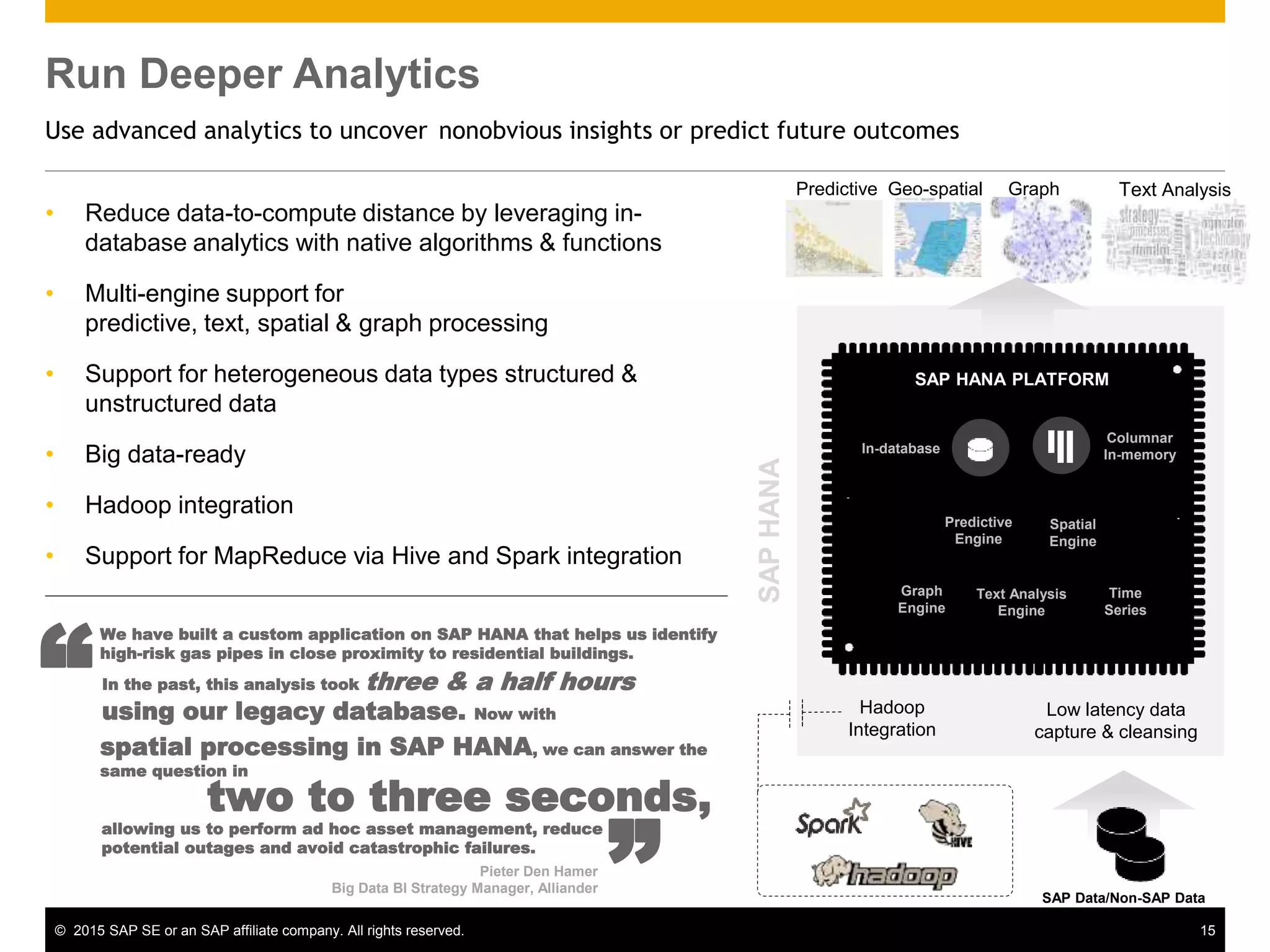 © 2015 SAP SE or an SAP affiliate company. All rights reserved. 15
Run Deeper Analytics
Use advanced analytics to uncover nonobvious insights or predict future outcomes
• Reduce data-to-compute distance by leveraging in-
database analytics with native algorithms & functions
• Multi-engine support for
predictive, text, spatial & graph processing
• Support for heterogeneous data types structured &
unstructured data
• Big data-ready
• Hadoop integration
• Support for MapReduce via Hive and Spark integration
In-database
Columnar
In-memory
SAP HANA PLATFORM
SAPHANA
Low latency data
capture & cleansing
Predictive
Engine
Spatial
Engine
Text Analysis
Engine
Graph
Engine
Time
Series
Hadoop
Integration
SAP Data/Non-SAP Data
Predictive Geo-spatial Graph Text Analysis
We have built a custom application on SAP HANA that helps us identify
high-risk gas pipes in close proximity to residential buildings.
Pieter Den Hamer
Big Data BI Strategy Manager, Alliander
“
In the past, this analysis took three & a half hours
using our legacy database. Now with
allowing us to perform ad hoc asset management, reduce
potential outages and avoid catastrophic failures.
spatial processing in SAP HANA, we can answer the
same question in
two to three seconds,
“
 