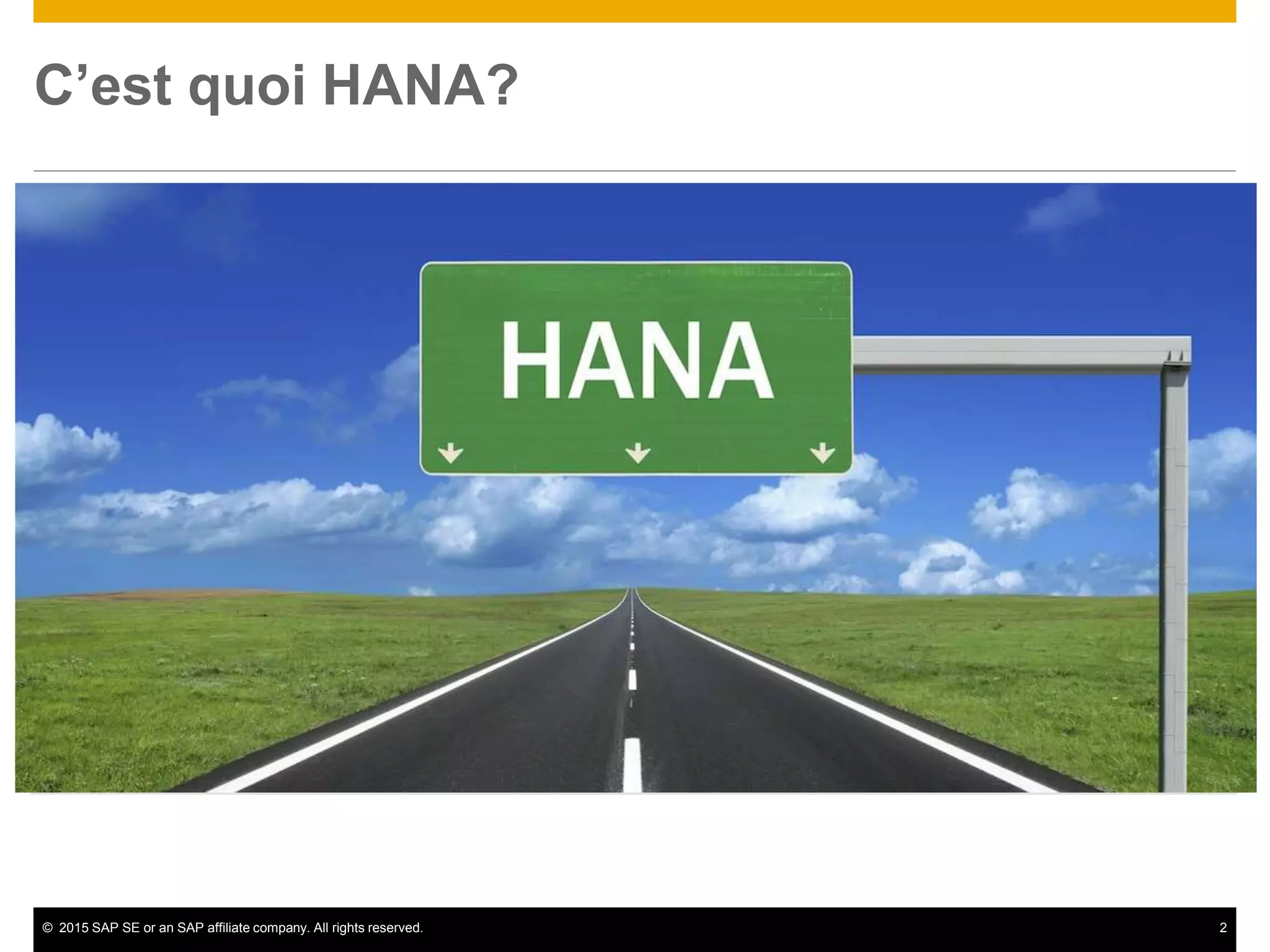 © 2015 SAP SE or an SAP affiliate company. All rights reserved. 2
C’est quoi HANA?
SAP HANA PLATFORM
ON-PREMISE | CLOUD | HYBRID
Web Server JavaScript
Fiori UX Graphic
Modeler
Data Virtualization ELT &
Replication
Application Services Integration Services
Columnar
OLTP+OLAP
Multi-
Core/Paralleliza
tion
Advanced
Compression
Multi-
tenancy
Multi-Tier
Storage
Spatial Graph Predictive Search
Text
Analytics
Planning Data
Enrichment
Series
Data
Function
Libraries
ALM
Processing Services
Database Services
Hadoop
Integration
Streaming
(CEP)
Application Lifecycle
Management
High Availability /
Disaster Recovery
Open
Standards
Data
Modeling
Remote Data
Sync
 