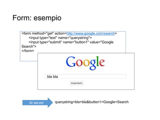 <form method="get" action=http://www.google.com/search>
<input type="text" name="querystring">
<input type="submit" name="button1" value="Google
Search">
</form>
Form: esempio
11
bla bla
querystring=bla+bla&button1=Google+SearchAl server
 