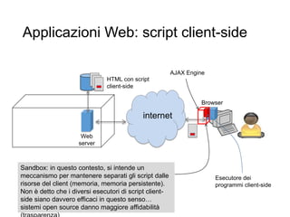 Applicazioni Web: script client-side
6
HTTP
internet
Browser
Web
server
HTML con script
client-side
Esecutore dei
programmi client-side
Sandbox: in questo contesto, si intende un meccanismo
per mantenere separati gli script dalle risorse del client
(memoria, memoria persistente). Non è detto che i diversi
esecutori di script client-side siano davvero efficaci in
questo senso… sistemi open source danno maggiore
affidabilità (trasparenza)
AJAX Engine
 