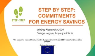 This project has received funding from the European Union’s Horizon 2020 research and innovation
program.
Confidential document
STEP BY STEP:
COMMITMENTS
FOR ENERGY SAVINGS
InfoDay Regional H2020
Energía segura, limpia y eficiente
 