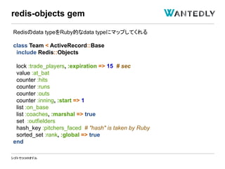 シゴトでココロオドル
Redisのdata typeをRuby的なdata typeにマップしてくれる
class Team < ActiveRecord::Base
include Redis::Objects
lock :trade_players, :expiration => 15 # sec
value :at_bat
counter :hits
counter :runs
counter :outs
counter :inning, :start => 1
list :on_base
list :coaches, :marshal => true
set :outfielders
hash_key :pitchers_faced # "hash" is taken by Ruby
sorted_set :rank, :global => true
end
redis-objects gem
 