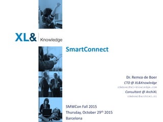 SmartConnect
Dr. Remco de Boer
CTO @ XL&Knowledge
rdeboer@xl-knowledge.com
Consultant @ ArchiXL
rdeboer@archixl.nl
SMWCon Fall 2015
Thursday, October 29th 2015
Barcelona
 