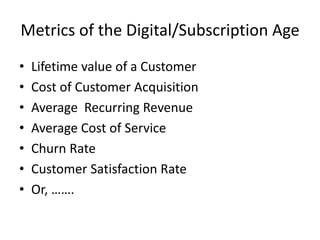 Copyright 2015– TechVentive, Inc. - All Rights Reserved
Unauthorized Reproduction, Transmission or Storage Expressly Prohibited
Metrics of the Digital/Subscription Age
• Lifetime value of a Customer
• Cost of Customer Acquisition
• Average Recurring Revenue
• Average Cost of Service
• Churn Rate
• Customer Satisfaction Rate
• Or, …….
 
