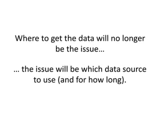 Copyright 2015– TechVentive, Inc. - All Rights Reserved
Unauthorized Reproduction, Transmission or Storage Expressly Prohibited
Where to get the data will no longer
be the issue…
… the issue will be which data source
to use (and for how long).
 
