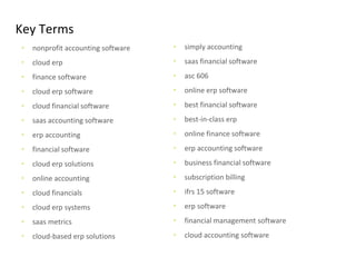 70 Preferred
Provider
Business
Solutions
Key Terms
• nonprofit accounting software
• cloud erp
• finance software
• cloud erp software
• cloud financial software
• saas accounting software
• erp accounting
• financial software
• cloud erp solutions
• online accounting
• cloud financials
• cloud erp systems
• saas metrics
• cloud-based erp solutions
• simply accounting
• saas financial software
• asc 606
• online erp software
• best financial software
• best-in-class erp
• online finance software
• erp accounting software
• business financial software
• subscription billing
• ifrs 15 software
• erp software
• financial management software
• cloud accounting software
 