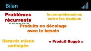 Optimisation
globale de la
R&D
Retards mieux
anticipés
Produits en décalage
avec le besoin
Meilleur communication
inter-équipes
Culture
Problèmes /
Solutions
Incompréhensions
entre les équipes
« Produit Buggé »
Problèmes
récurrents
 