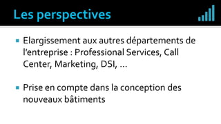  Elargissement aux autres départements de
l’entreprise : Professional Services, Call
Center, Marketing, DSI, …
 Prise en compte dans la conception des
nouveaux bâtiments
 