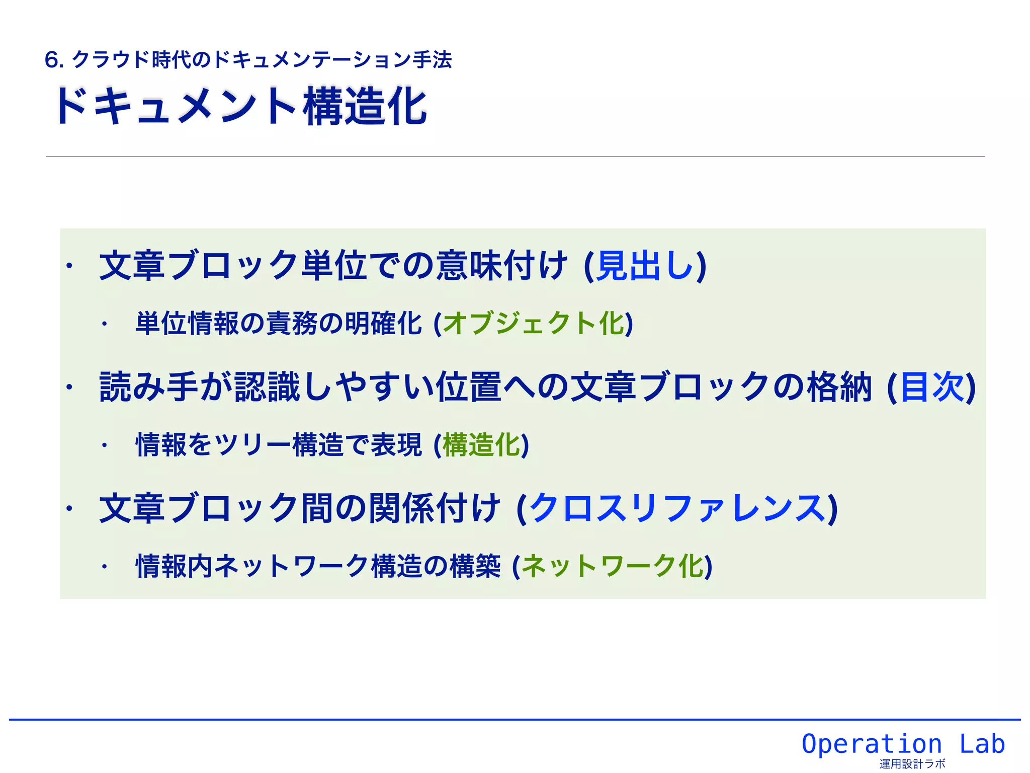 ドキュメント構造化
Operation Lab
運用設計ラボ
• 文章ブロック単位での意味付け (見出し)
• 単位情報の責務の明確化 (オブジェクト化)
• 読み手が認識しやすい位置への文章ブロックの格納 (目次)
• 情報をツリー構造で表現 (構造化)
• 文章ブロック間の関係付け (クロスリファレンス)
• 情報内ネットワーク構造の構築 (ネットワーク化)
6. クラウド時代のドキュメンテーション手法
 