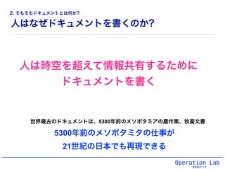 人はなぜドキュメントを書くのか?
Operation Lab
運用設計ラボ
世界最古のドキュメントは、5300年前のメソポタミアの農作業、牧畜文書
5300年前のメソポタミタの仕事が
21世紀の日本でも再現できる
2. そもそもドキュメントとは何か?
人は時空を超えて情報共有するために
ドキュメントを書く
 