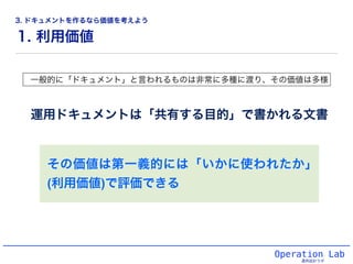 Operation Lab
運用設計ラボ
一般的に「ドキュメント」と言われるものは非常に多種に渡り、その価値は多様
運用ドキュメントは「共有する目的」で書かれる文書
その価値は第一義的には「いかに使われたか」
(利用価値)で評価できる
1. 利用価値
3. ドキュメントを作るなら価値を考えよう
 